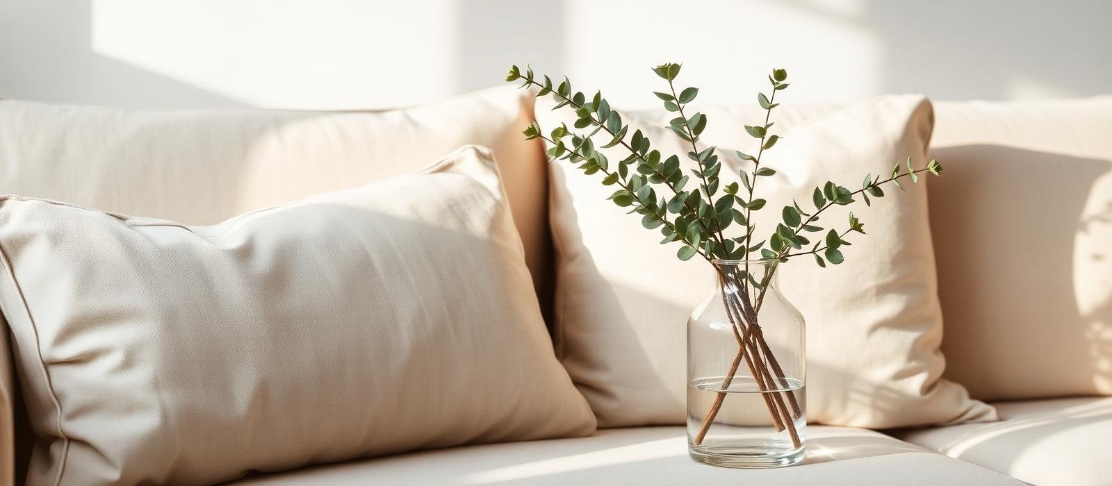 Eucalyptus in a glass vase beside cream cushions