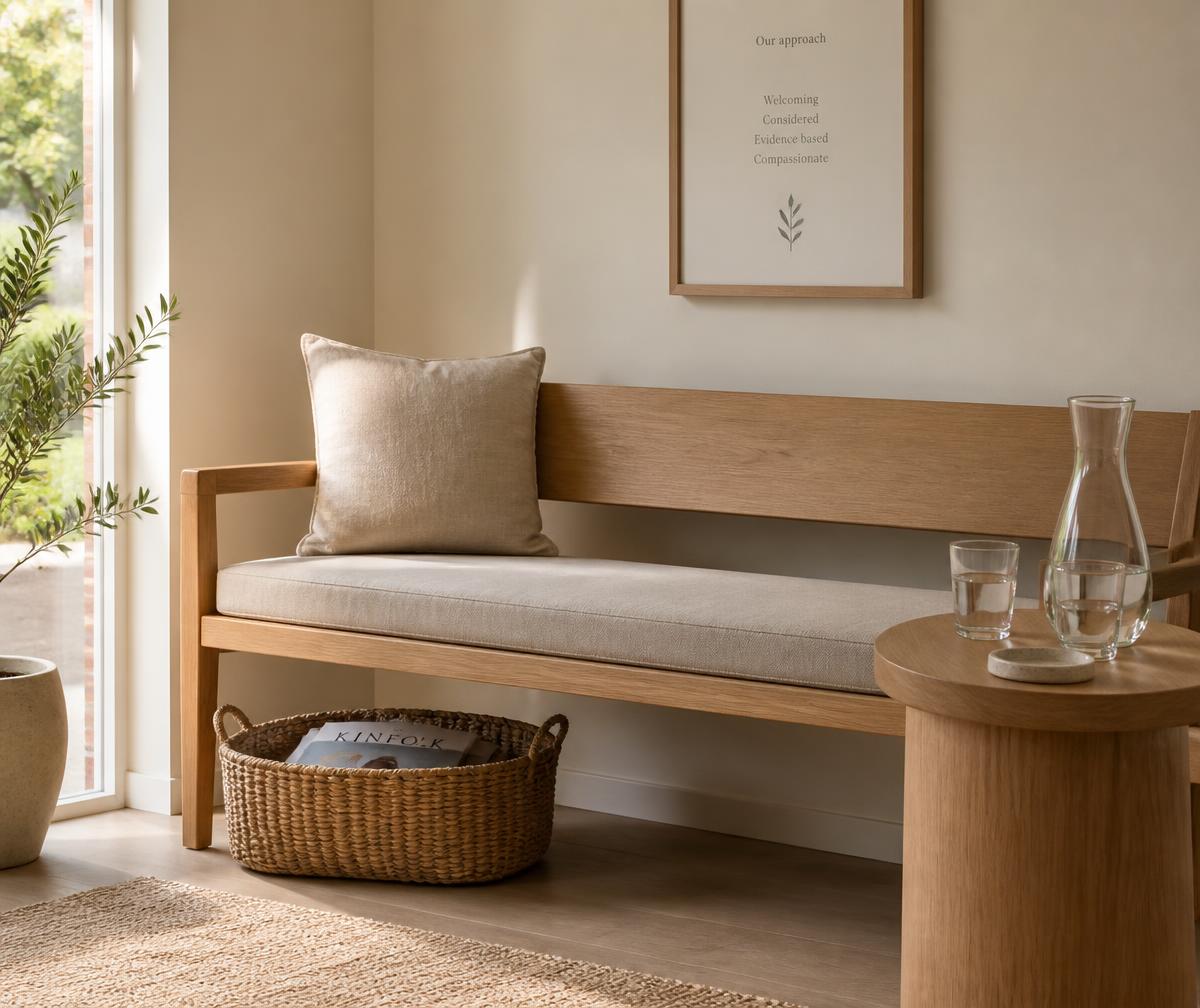 Timber bench with a linen cushion, woven basket and a jug of water in a calm waiting area