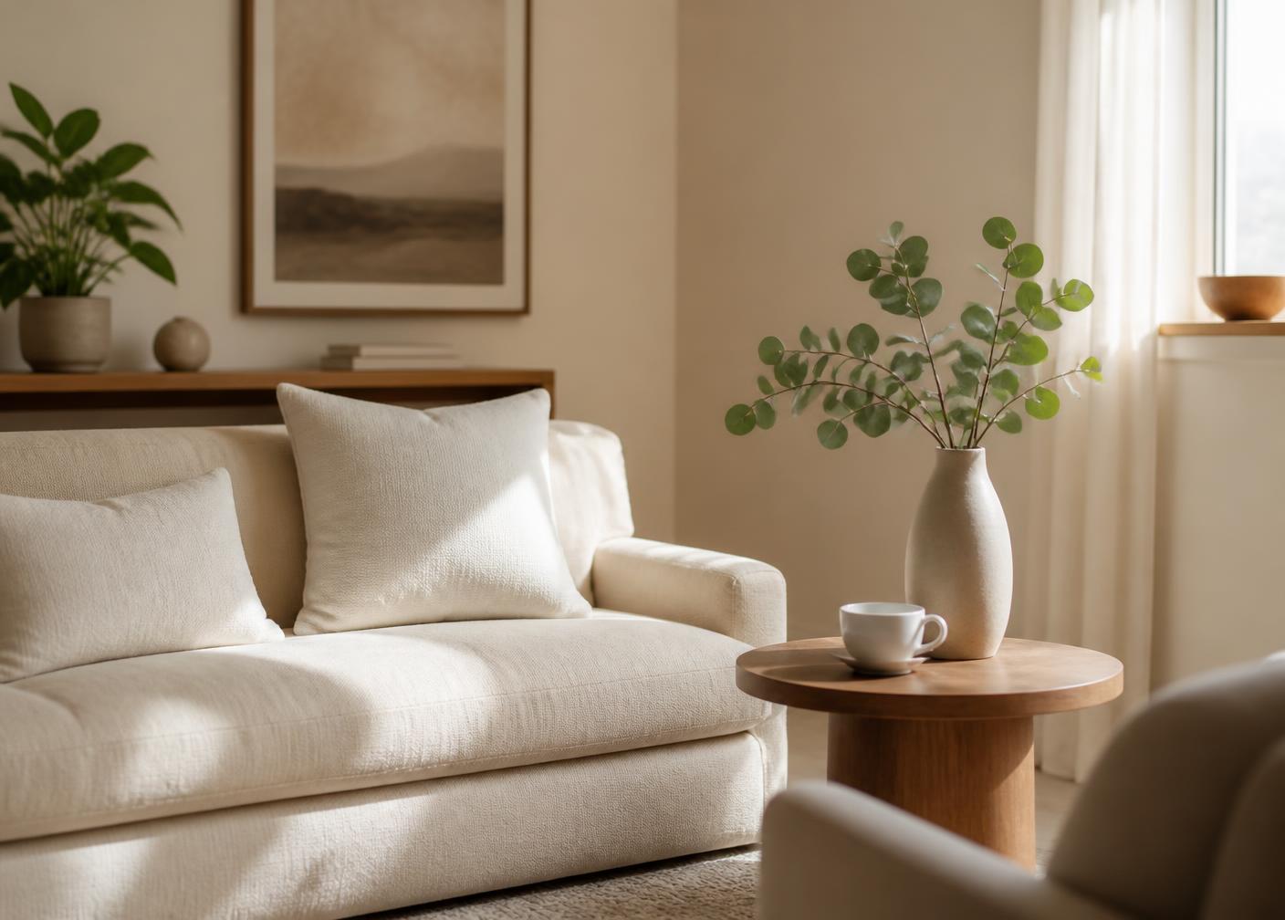 Calm therapy room with a cream linen sofa, eucalyptus branches and warm daylight