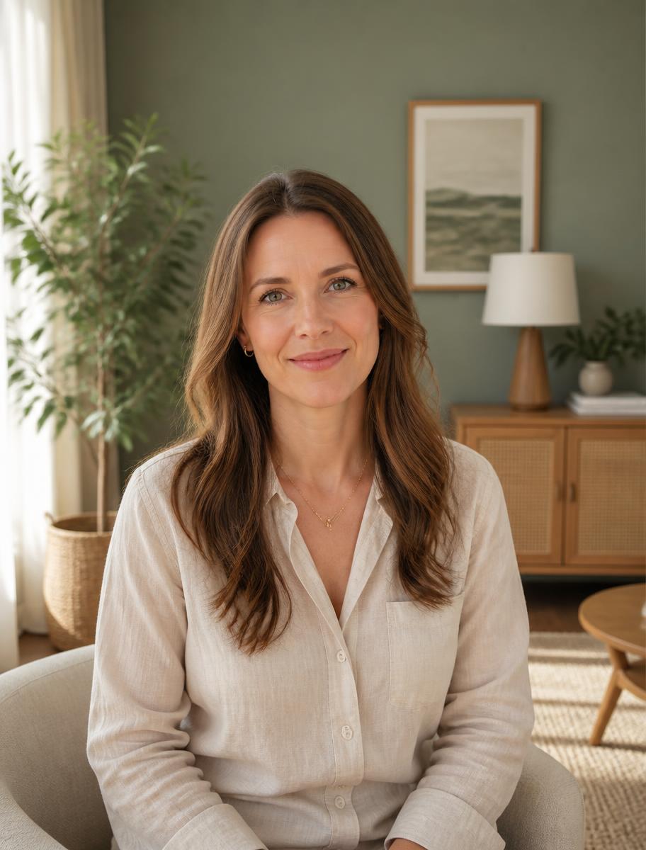 Sarah, clinical psychologist at Mind & Me, seated in her sunlit consulting room